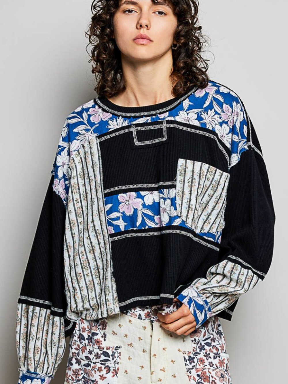 POL thermal with floral & stripe pattern contrast and stitch detail.